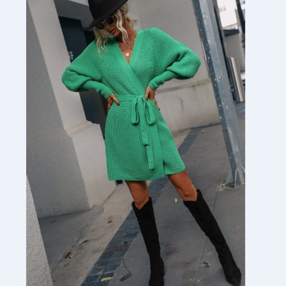 Rib-Knit Lantern Sleeve Belted Sweater Dress - Picture 14 of 16